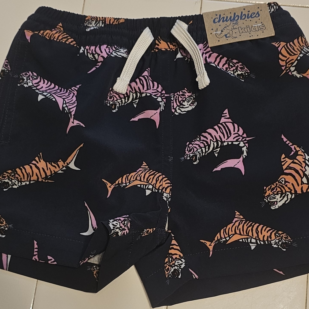 Chubbies Kids Tiger Shark Swim Trunks - Navy and Pink